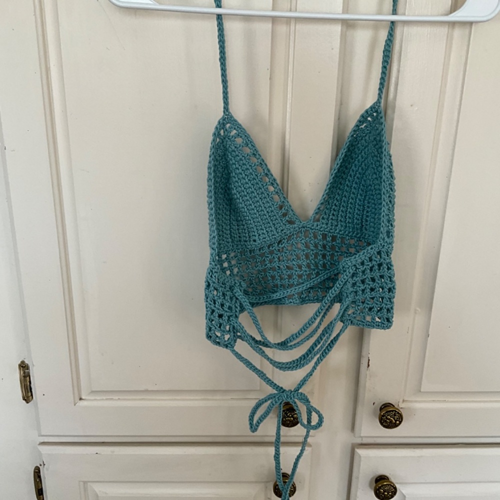 Handmade Halter Crochet Boho Hippie Bralette Crop Top Off the Shoulder with Mesh - Picture 3 of 7
